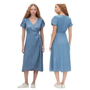 Gap Denim Midi Wrap Dress Women's Sz S‎ Medium Indigo Blue Short Sleeve V-Neck
